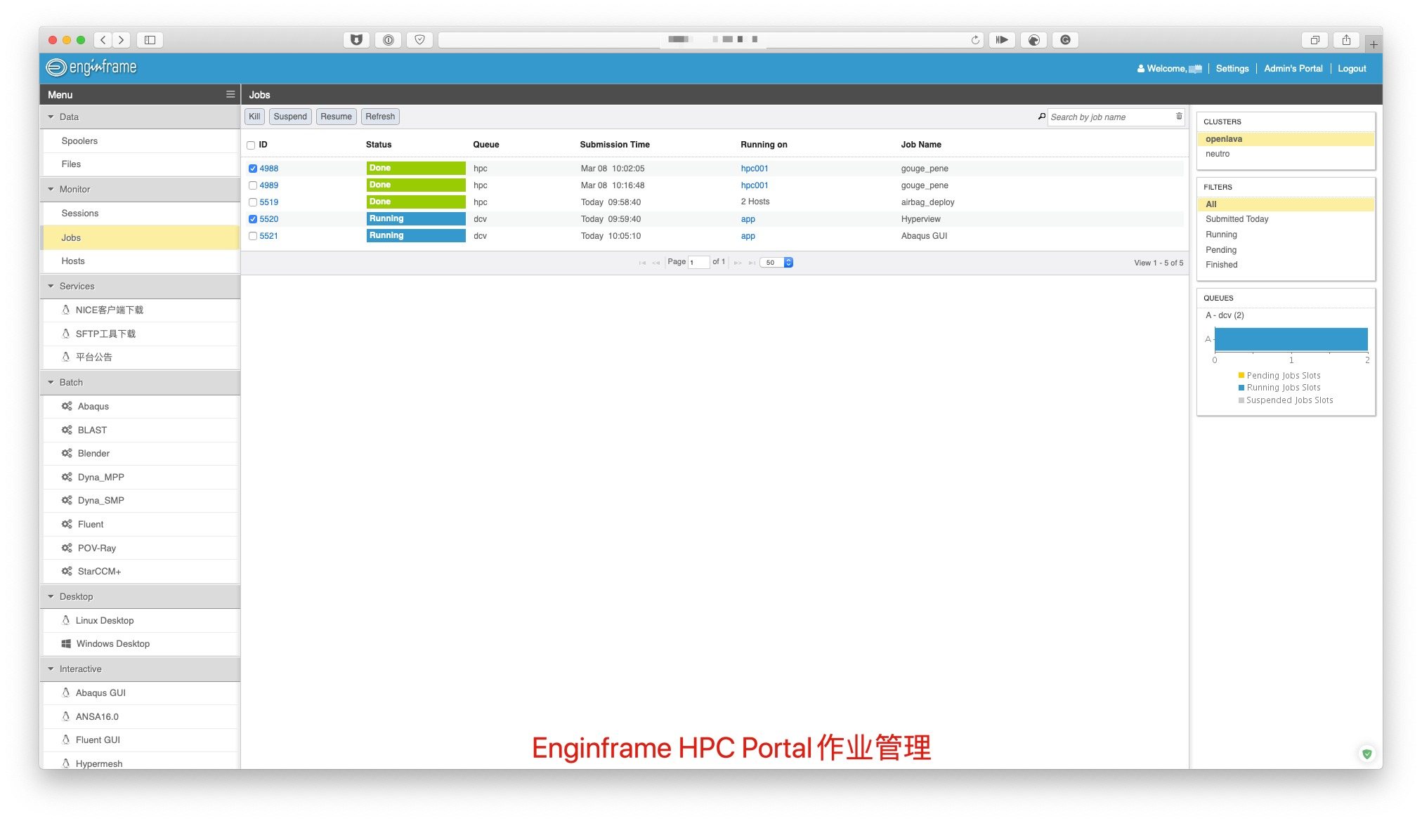 EnginFrame HPC Portal 作业管理